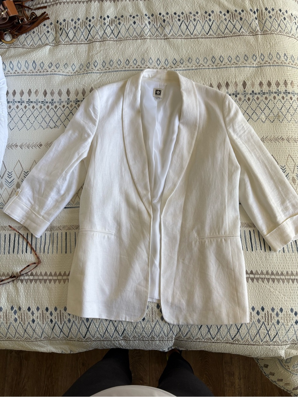 Anne Klein Cream Open Front Linen-Blend Blazer
